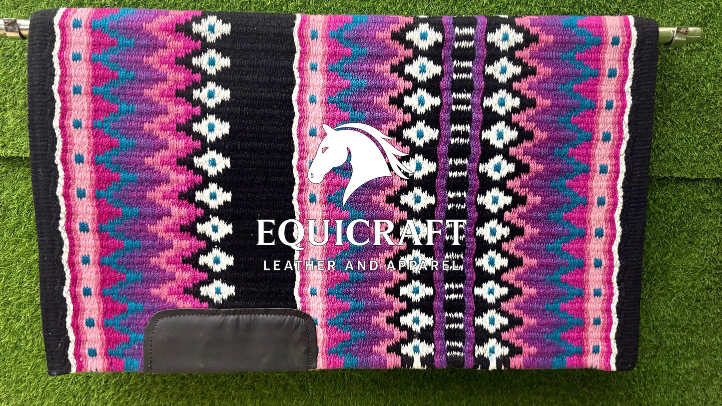 Black Pink Teal Wool Western Saddle Pad – Aztec Star Show Pad | Horse Blanket Barrel Racing Rodeo Ranch Tack