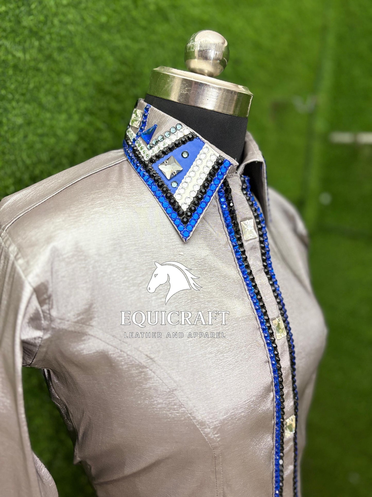 Womens Western Show Shirt | Silver Blue Black Rhinestone Crystal Showmanship Shirt | Ladies Rodeo Queen Blouse | Horse Show Shirt