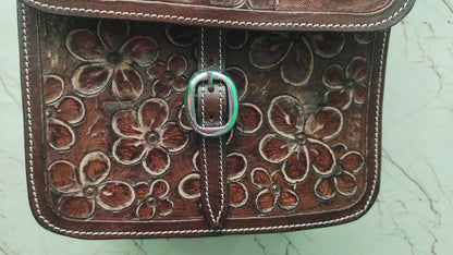 Dark Brown Floral Tooled Leather Western Saddle Bag – Full Flower Carved Horse Trail Bag | Antique Cowboy Tack