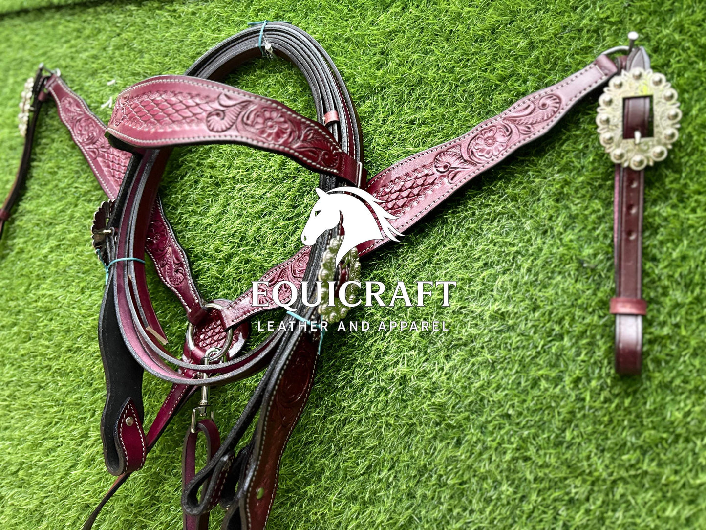 Burgundy Tooled Leather Western Headstall & Breast Collar Set – Silver Concho Horse Tack | Barrel Racing Rodeo Gear