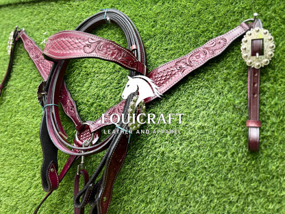 Burgundy Tooled Leather Western Headstall & Breast Collar Set – Silver Concho Horse Tack | Barrel Racing Rodeo Gear