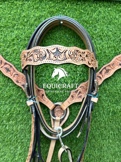 Tan Black Floral Tooled Leather Western Headstall & Breast Collar Set – Antique Concho Horse Tack | Barrel Racing Rodeo
