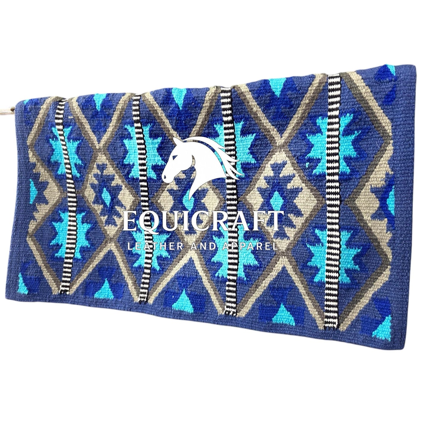 Navy Blue Turquoise Wool Western Saddle Blanket – Aztec Diamond Show Blanket | Horse Pad Barrel Racing Rodeo Tack