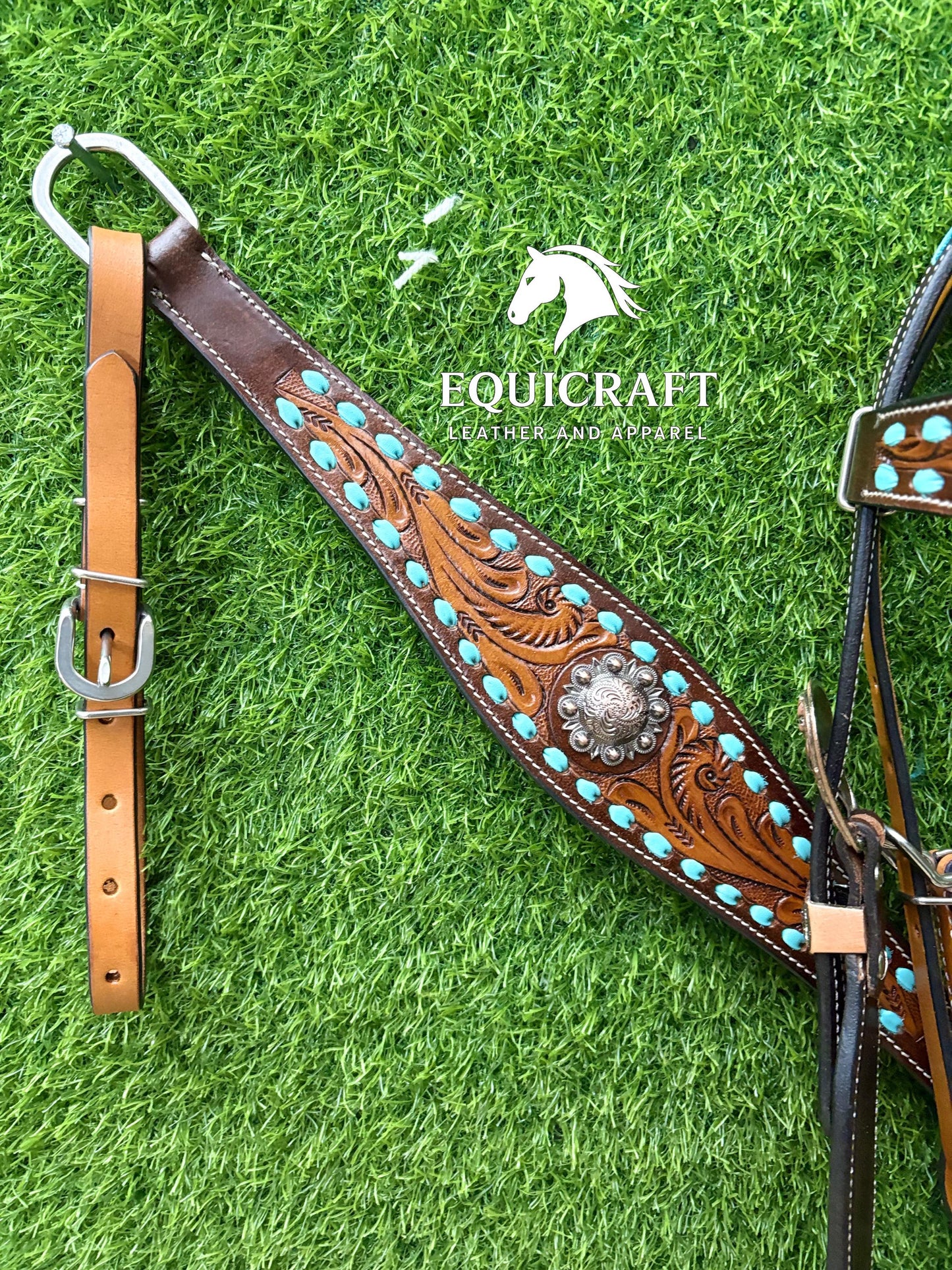 Turquoise Stone Tooled Leather Western Headstall & Breast Collar Set – Silver Concho Horse Tack | Barrel Racing Rodeo