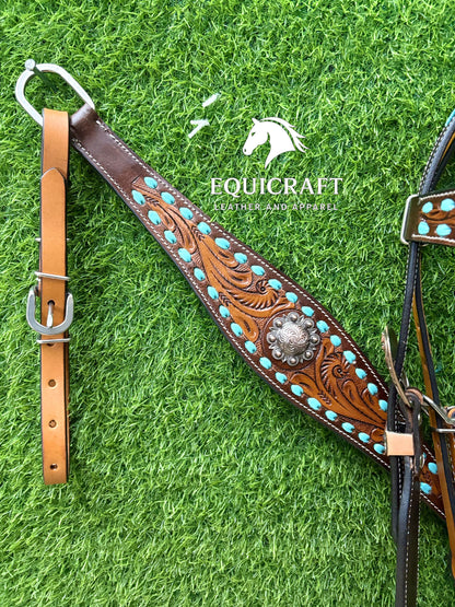 Turquoise Stone Tooled Leather Western Headstall & Breast Collar Set – Silver Concho Horse Tack | Barrel Racing Rodeo