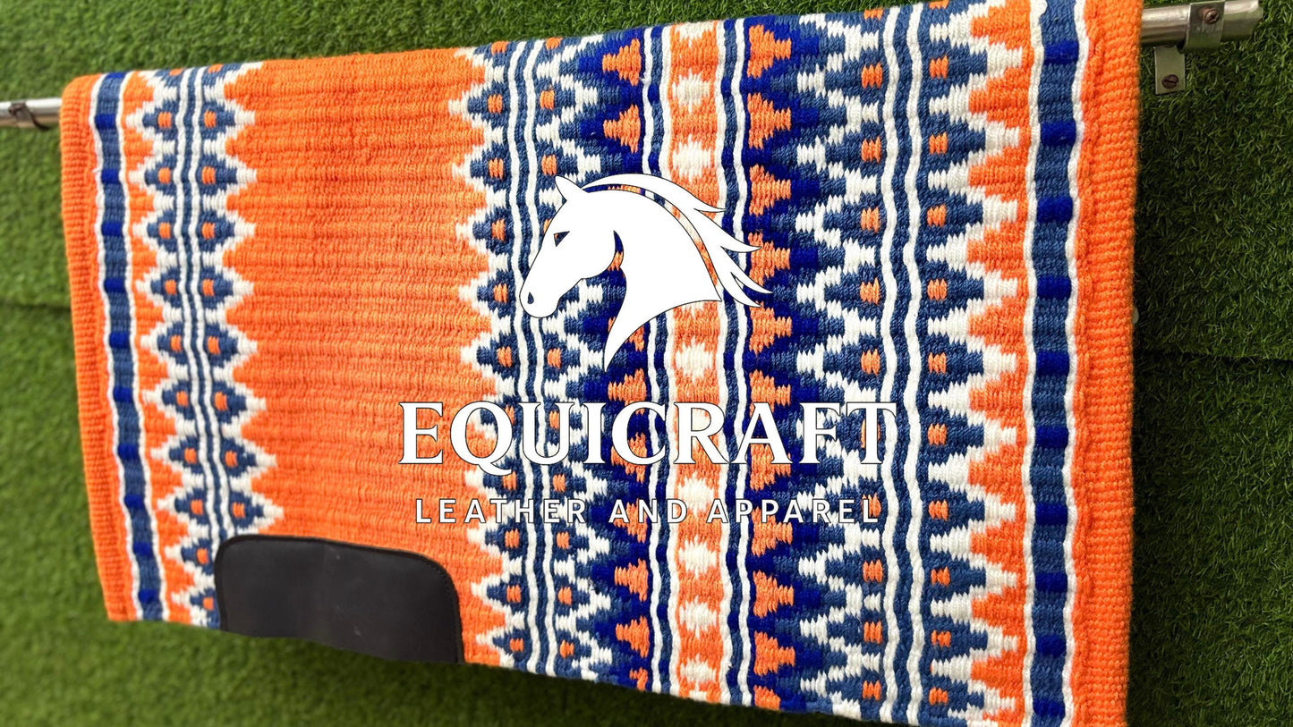 Aztec Western Show Saddle Pad | Orange Blue White Wool Blanket | Hand-Woven Southwestern Horse Saddle Pad | Trail Pad Equestrian Gift