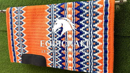 Aztec Western Show Saddle Pad | Orange Blue White Wool Blanket | Hand-Woven Southwestern Horse Saddle Pad | Trail Pad Equestrian Gift