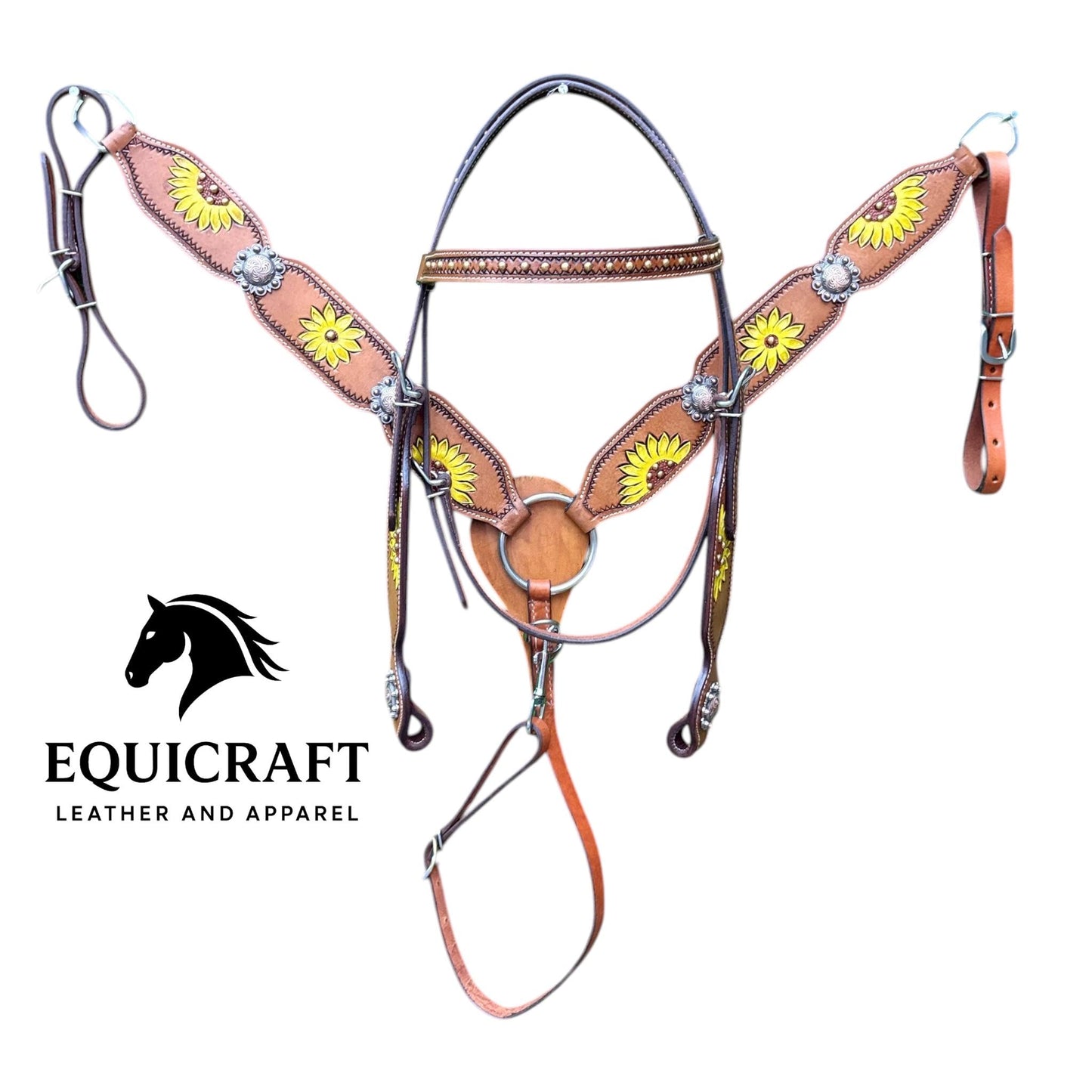 Sunflower Painted Leather Western Headstall & Breast Collar Set – Silver Concho Horse Tack | Barrel Racing Rodeo Gear