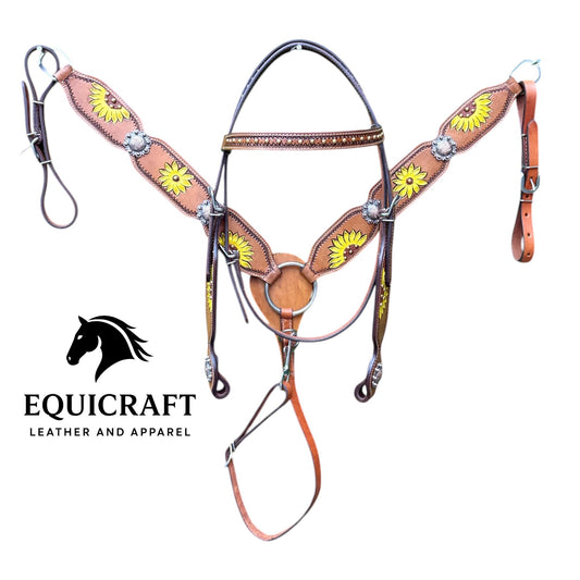 Sunflower Painted Leather Western Headstall & Breast Collar Set – Silver Concho Horse Tack | Barrel Racing Rodeo Gear