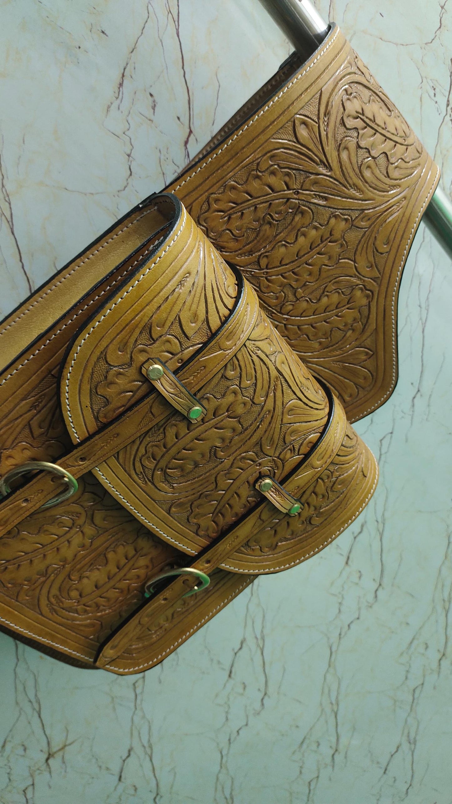 Tan Acorn Leaf Tooled Leather Western Saddle Bag – Double Buckle Brass Hardware Horse Trail Tack