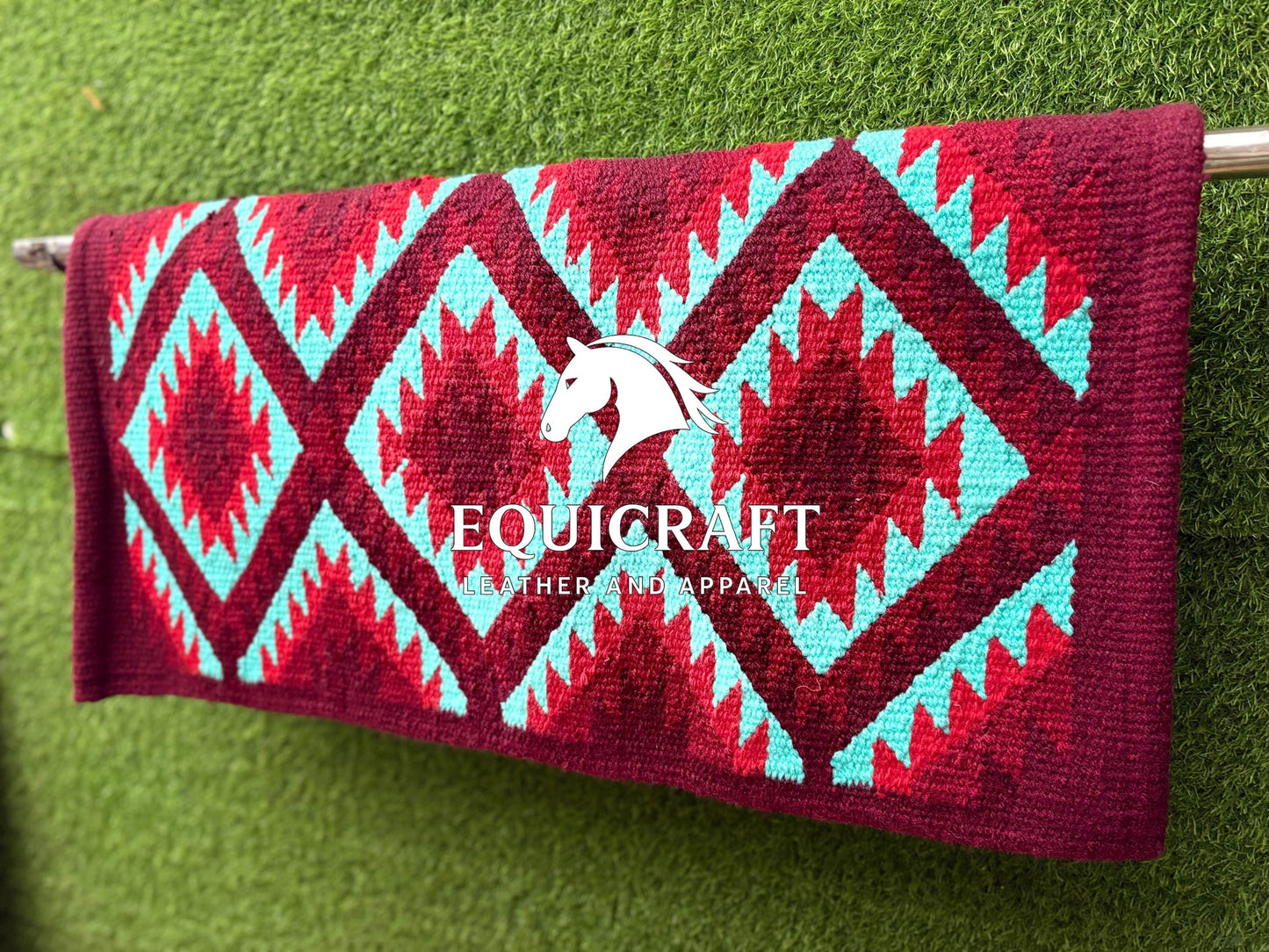 Aztec Western Saddle Blanket | Burgundy Turquoise Red Wool Pad | Hand-Woven Southwestern Horse Saddle Blanket | Show Pad