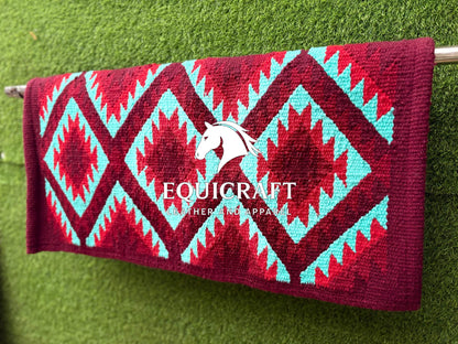 Aztec Western Saddle Blanket | Burgundy Turquoise Red Wool Pad | Hand-Woven Southwestern Horse Saddle Blanket | Show Pad