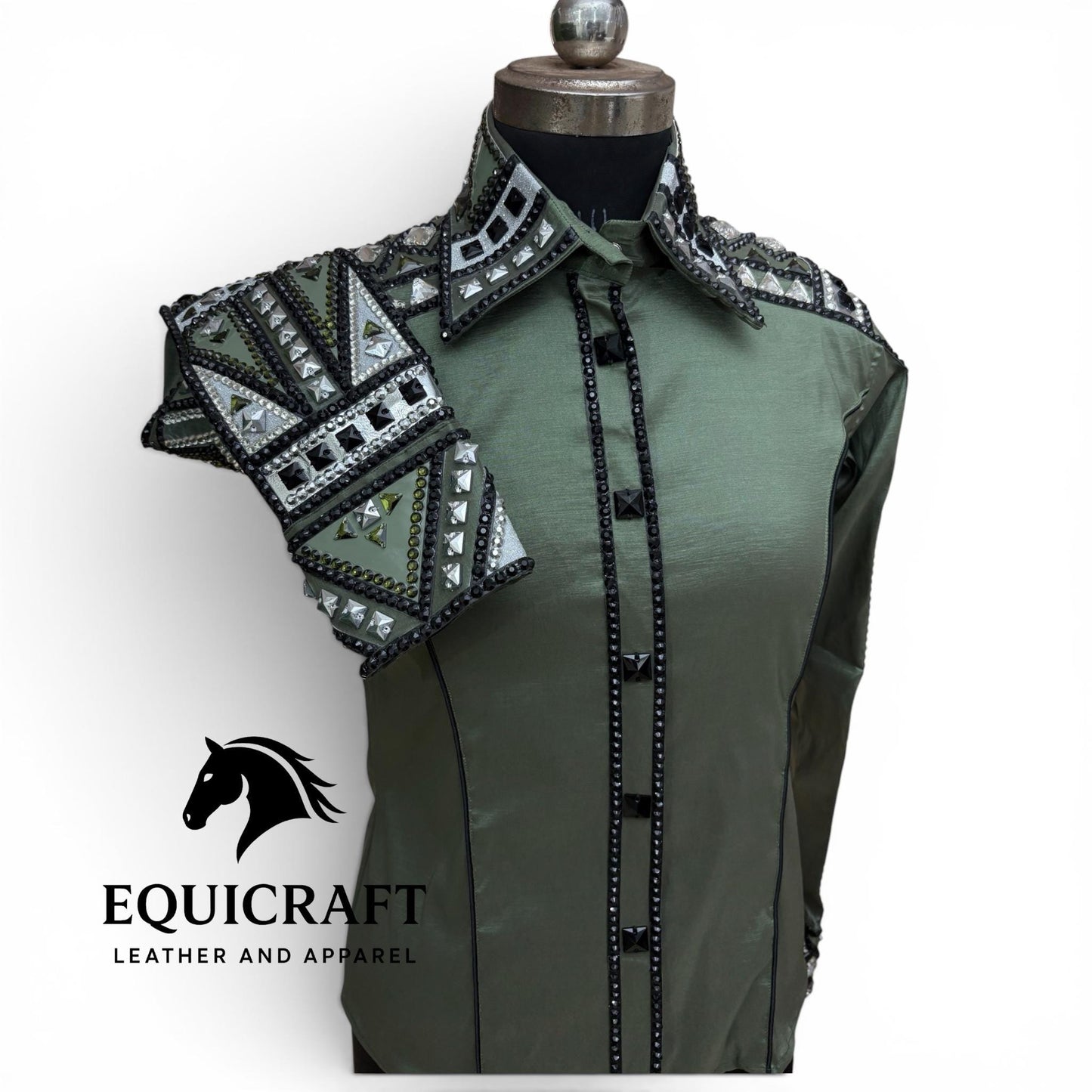 Green Western Show Shirt | Women's Rodeo Equestrian Apparel with Crystal Embellishments