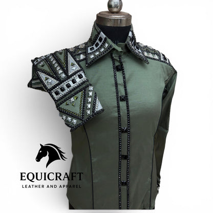 Green Western Show Shirt | Women's Rodeo Equestrian Apparel with Crystal Embellishments