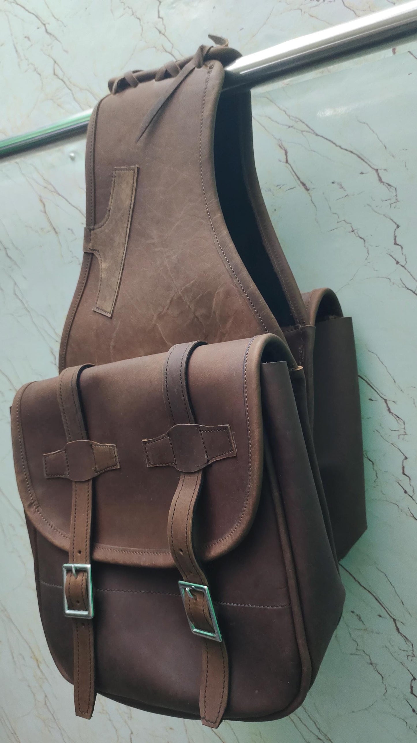 Brown Crazy Horse Leather Western Saddle Bag – Double Buckle Rustic Horse Trail Bag | Braided Top Cowboy Tack