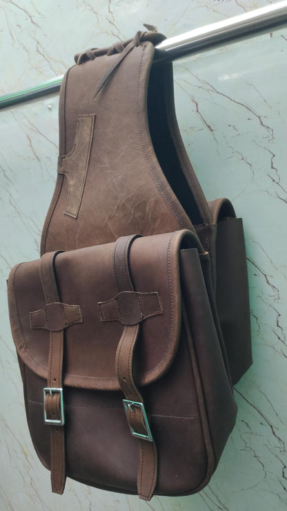 Brown Crazy Horse Leather Western Saddle Bag – Double Buckle Rustic Horse Trail Bag | Braided Top Cowboy Tack