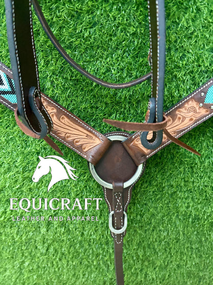 Turquoise Beaded Western Headstall & Breast Collar Set – Aztec Diamond Tooled Leather Horse Tack | Barrel Racing Rodeo