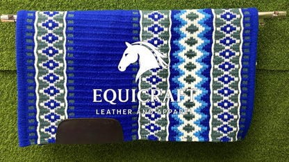 Western Show Saddle Pad | Royal Blue Teal Green White Wool Blanket | Hand-Woven Southwestern Horse Saddle Pad | Trail Pad