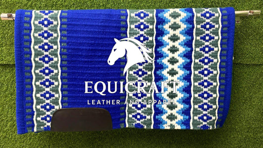 Western Show Saddle Pad | Royal Blue Teal Green White Wool Blanket | Hand-Woven Southwestern Horse Saddle Pad | Trail Pad