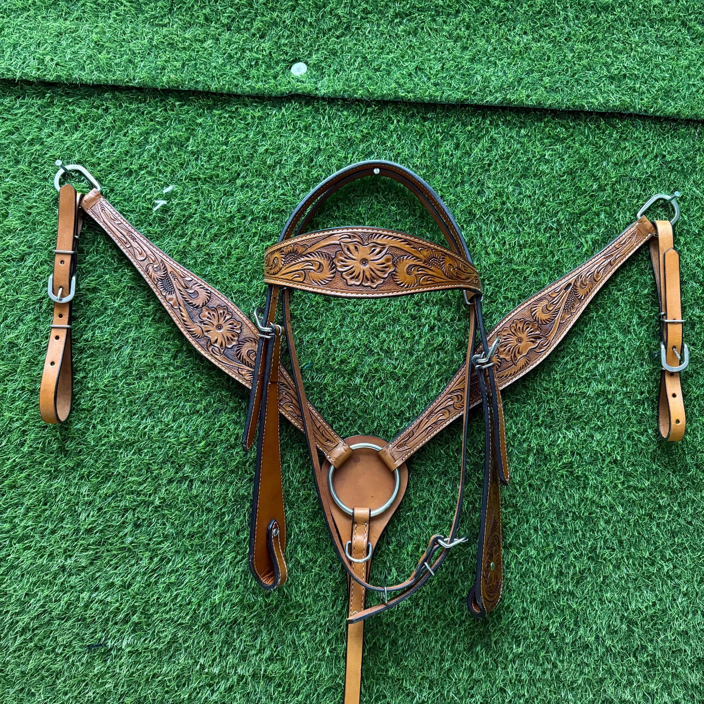 Tan Floral Tooled Leather Western Headstall & Breast Collar Set – Plain Silver Hardware Horse Tack | Barrel Racing Rodeo