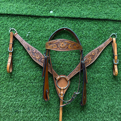 Tan Floral Tooled Leather Western Headstall & Breast Collar Set – Plain Silver Hardware Horse Tack | Barrel Racing Rodeo