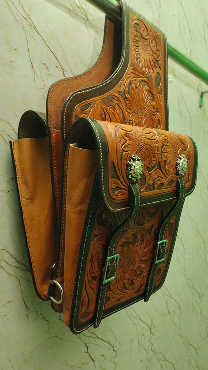 Two Tone Sunflower Tooled Leather Western Saddle Bag – Crystal Concho Double Buckle Horse Trail Tack