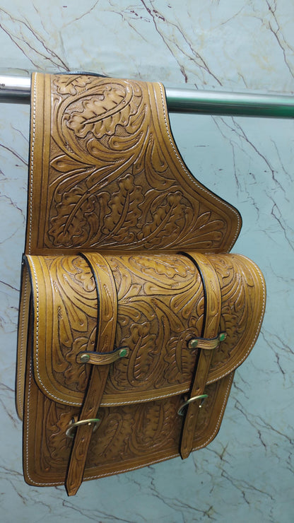 Tan Acorn Leaf Tooled Leather Western Saddle Bag – Double Buckle Brass Hardware Horse Trail Tack