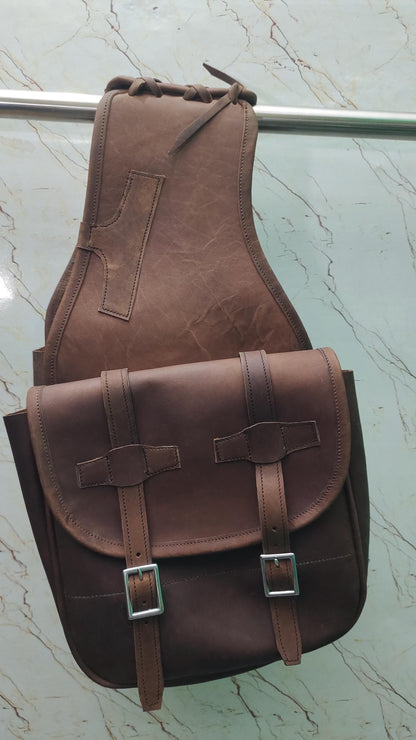 Brown Crazy Horse Leather Western Saddle Bag – Double Buckle Rustic Horse Trail Bag | Braided Top Cowboy Tack