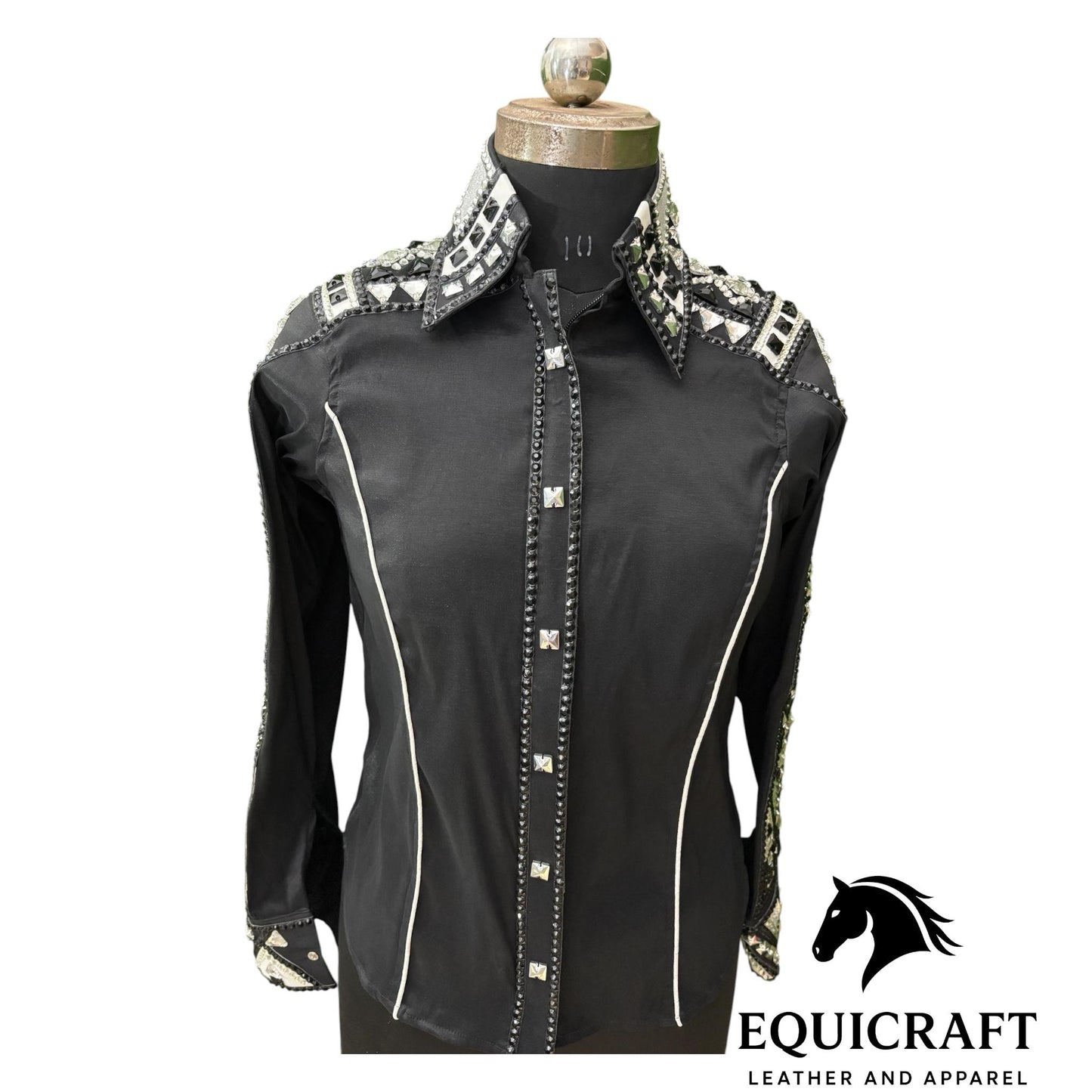 Black Crystal Western Show Shirt – Women's Rodeo Queen Equestrian Top | Rhinestone Showmanship Horsemanship Apparel