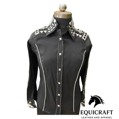 Black Crystal Western Show Shirt – Women's Rodeo Queen Equestrian Top | Rhinestone Showmanship Horsemanship Apparel