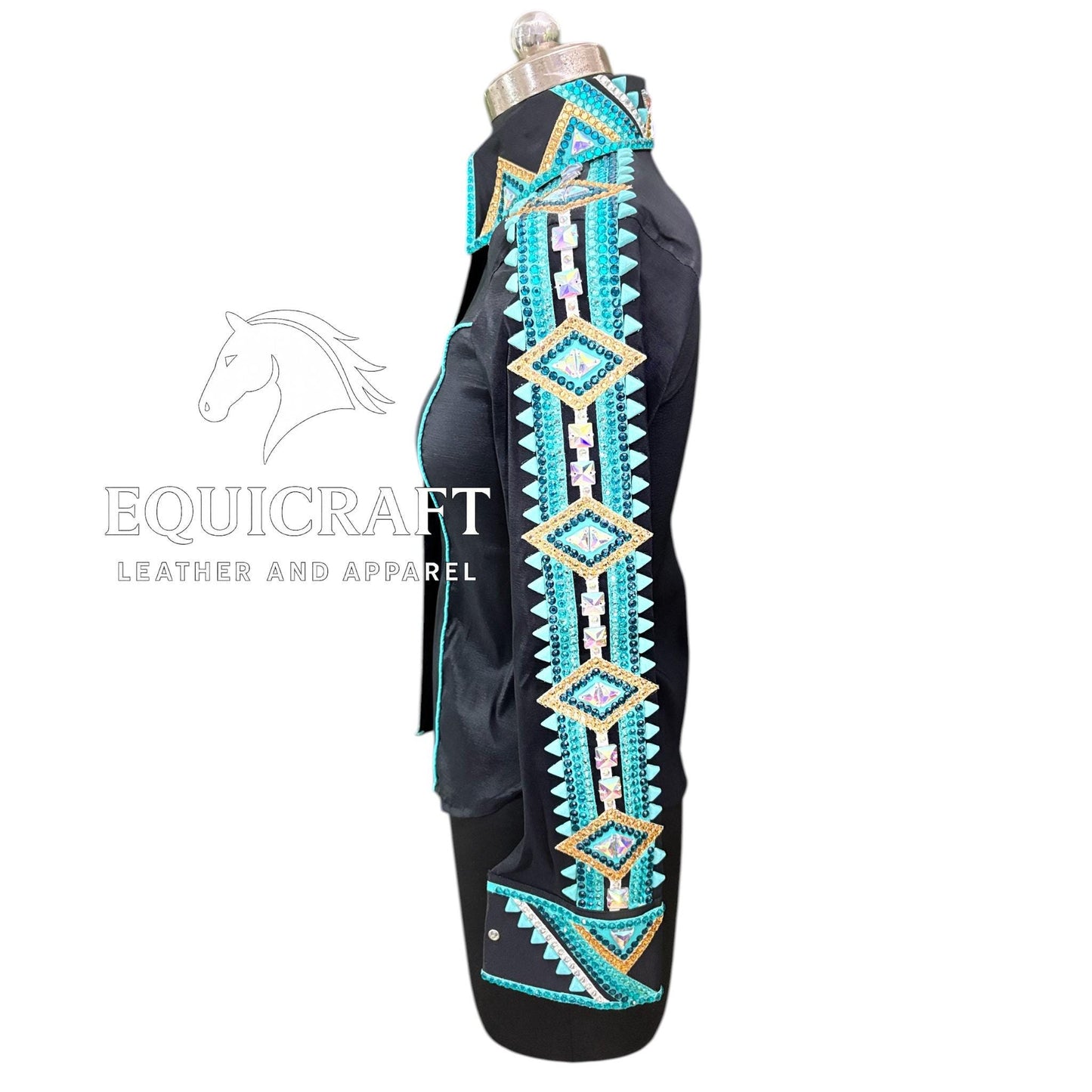 Womens Western Show Shirt | Black Turquoise Gold Rhinestone Showmanship Shirt | Ladies Crystal Yoke Rodeo Queen Blouse | Horse Show Shirt