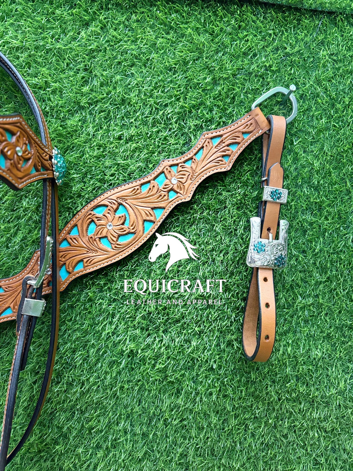 Hand Tooled Leather Headstall & Breast Collar Set – Turquoise Inlay Western Horse Tack | Floral Carved Rodeo Bridle