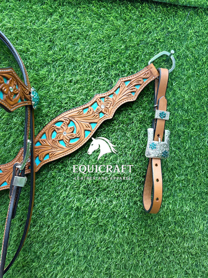 Hand Tooled Leather Headstall & Breast Collar Set – Turquoise Inlay Western Horse Tack | Floral Carved Rodeo Bridle