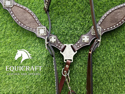 Hairon Western Leather One Ear Headstall & Breast Collar Set – Horse Tack | Cowboy Riding Gear | Rodeo Trail Barrel Racing