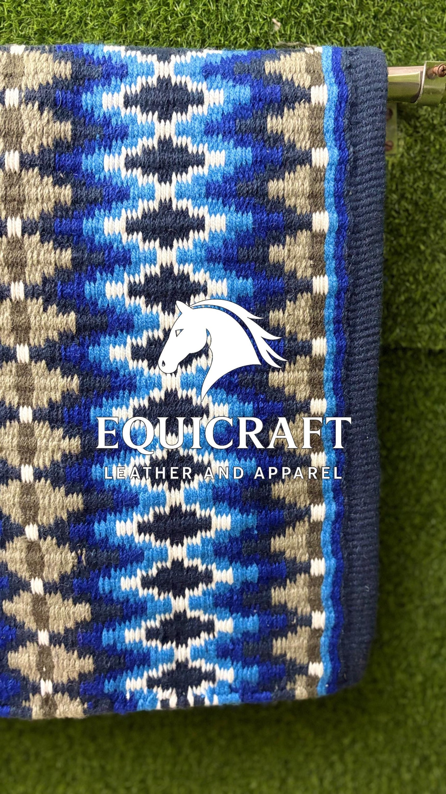 Western Show Saddle Pad | Navy Blue Tan Turquoise Wool Blanket | Hand-Woven Southwestern Horse Saddle Pad | ShowTrail Pad Equestrian Gift