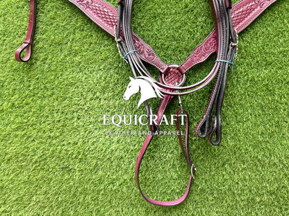 Burgundy Tooled Leather Western Headstall & Breast Collar Set – Silver Concho Horse Tack | Barrel Racing Rodeo Gear