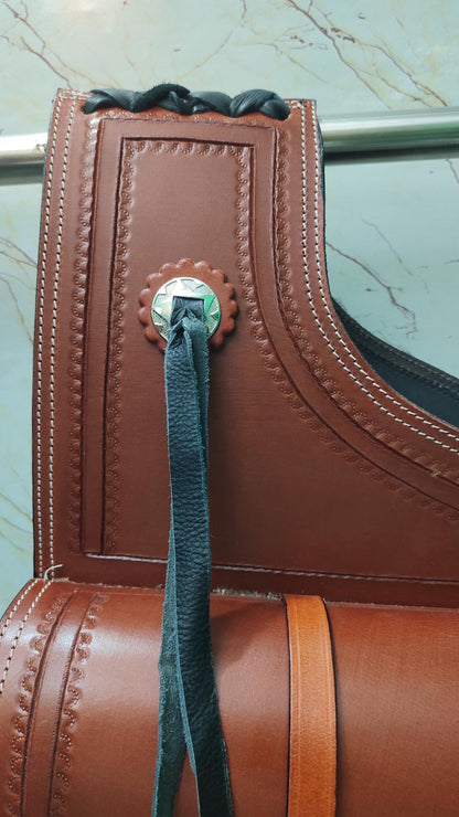 Tan Leather Western Saddle Bag – Border Stamp Concho Horse Trail Bag | Single Buckle Cowboy Riding Tack