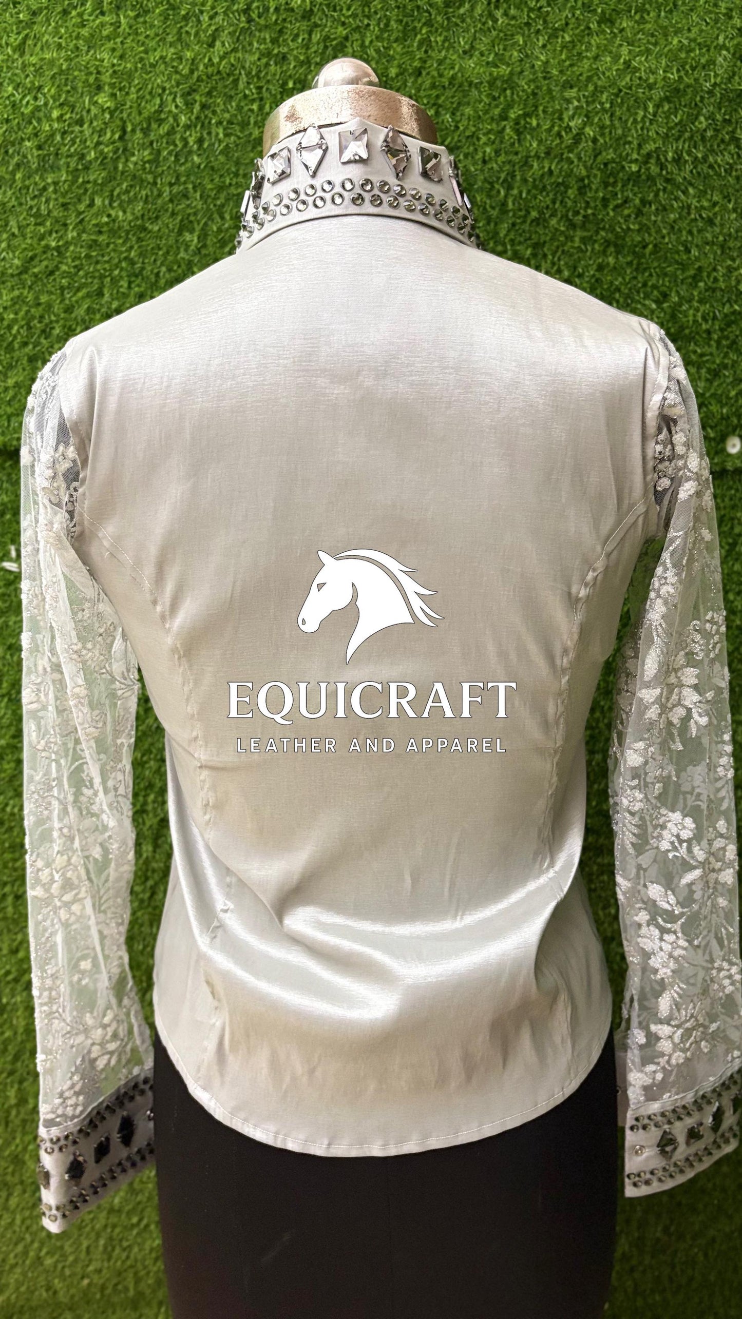 Womens Western Show Shirt | White Rhinestone Crystal Lace Sleeve Showmanship Shirt | Ladies Rodeo Show Blouse | Horse Show Shirt