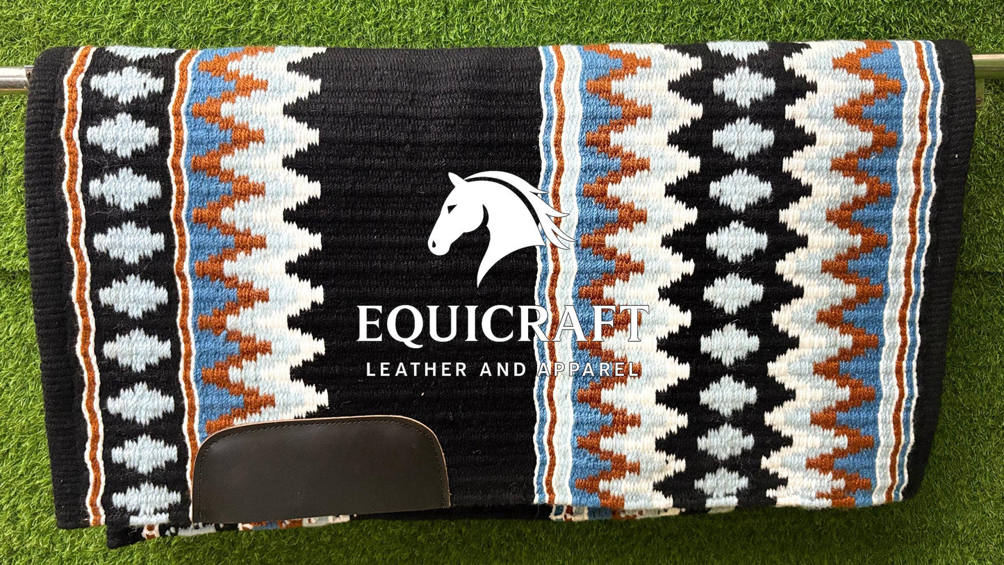 Aztec Western Show Saddle Pad | Black Blue Rust Brown Wool Blanket | Hand-Woven Southwestern Horse Saddle Pad | Ranch Trail Pad