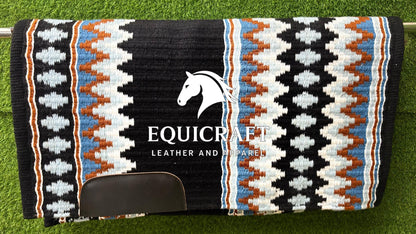 Aztec Western Show Saddle Pad | Black Blue Rust Brown Wool Blanket | Hand-Woven Southwestern Horse Saddle Pad | Ranch Trail Pad