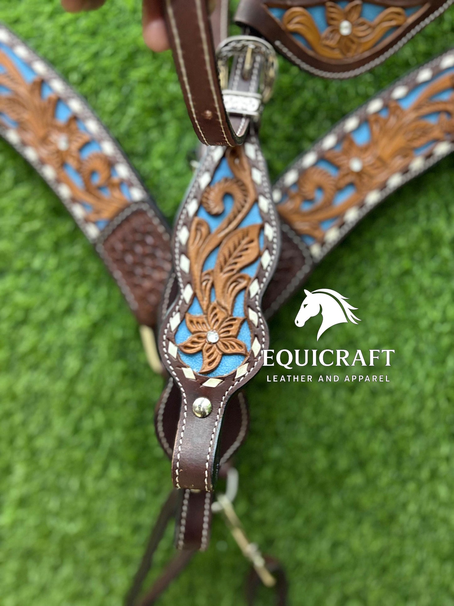 Two Tone Turquoise Inlay Tooled Leather One Ear Headstall and Breast Collar – Floral Carved Western Horse Tack | Barrel Racing Rodeo Gear