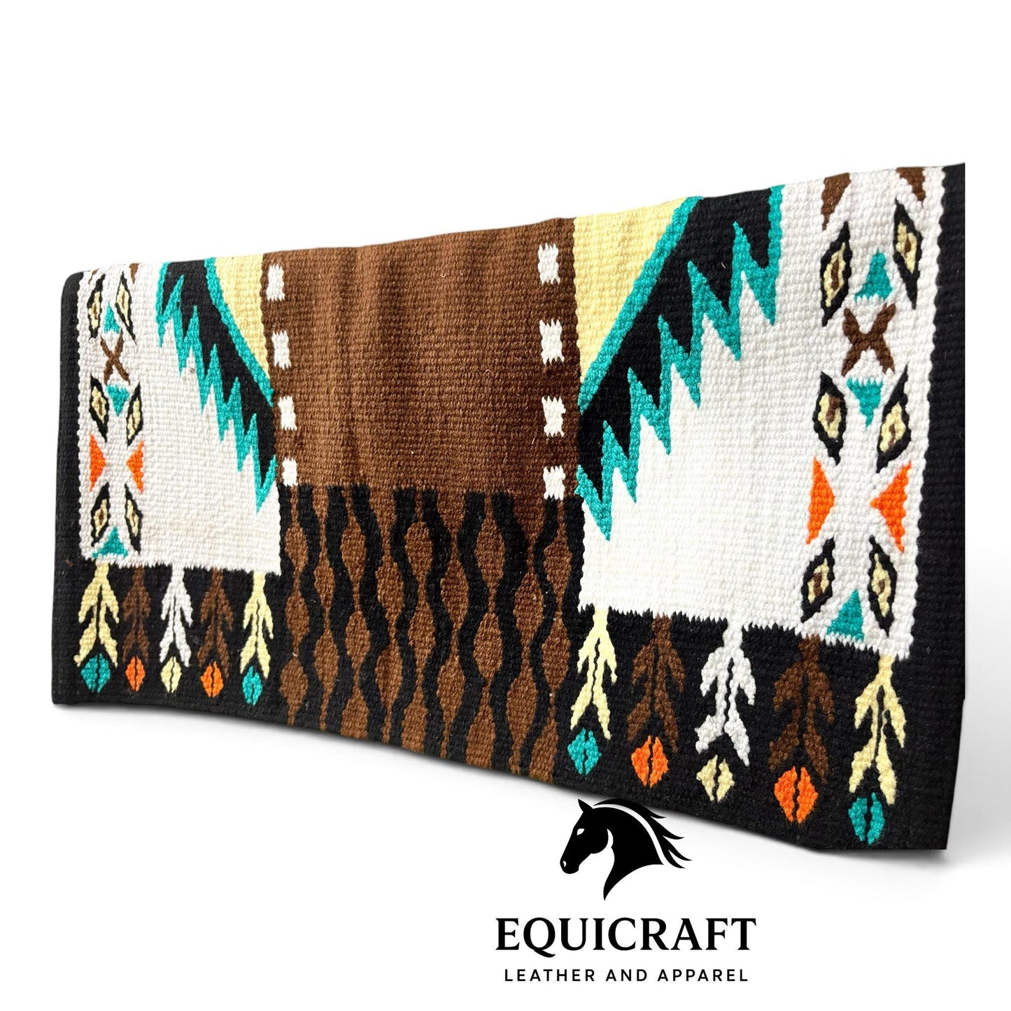 Western Wool Ranch Saddle Blanket, Aztec Pattern, Turquoise Brown White Horse Saddle Pad, Southwestern Show Blanket Size-34x48