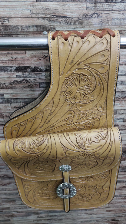 Natural Tan Floral Tooled Leather Western Saddle Bag – Silver Concho Buckle Horse Trail Bag | Cowboy Riding Tack