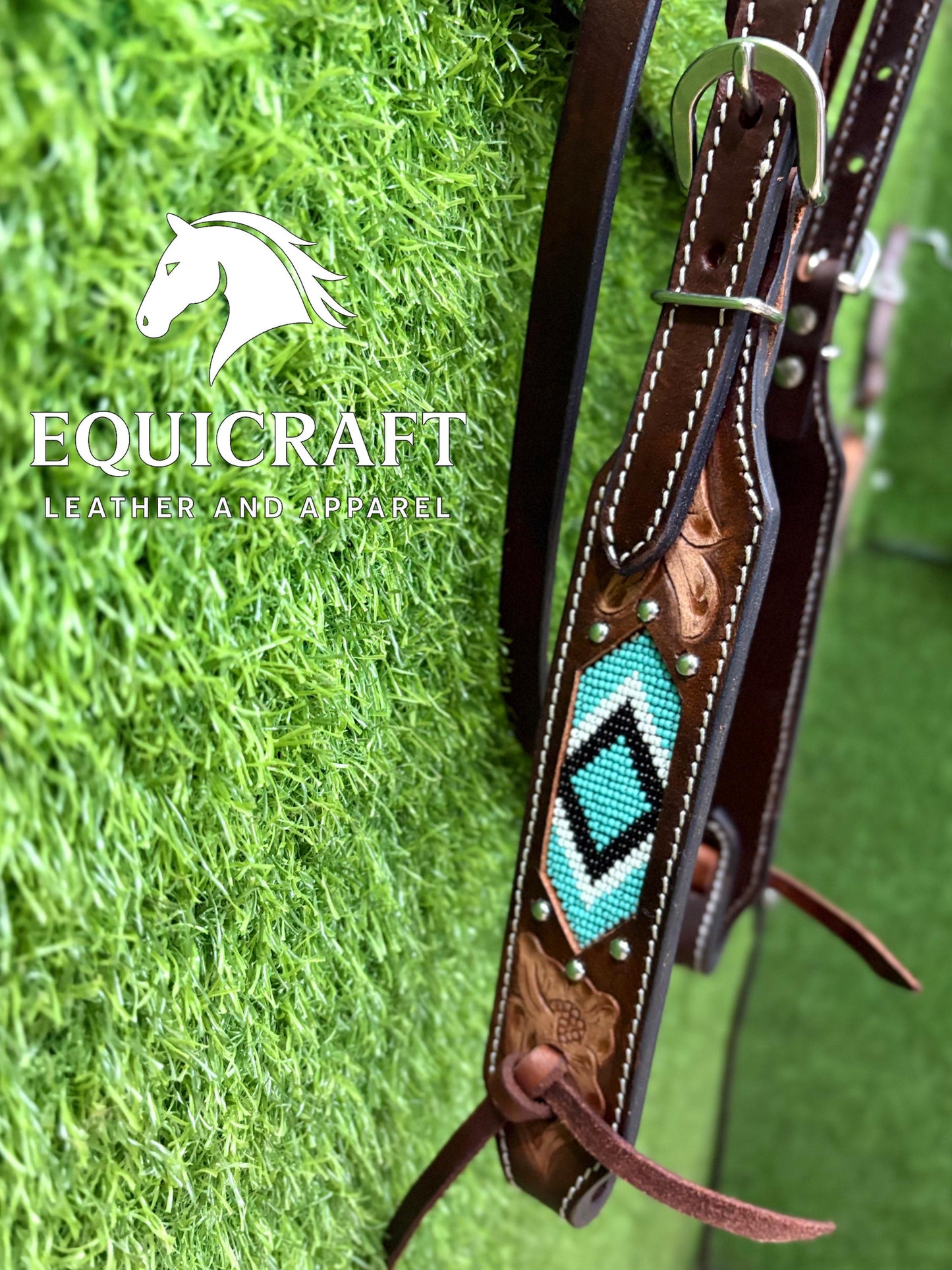 Turquoise Beaded Western Headstall & Breast Collar Set – Aztec Diamond Tooled Leather Horse Tack | Barrel Racing Rodeo
