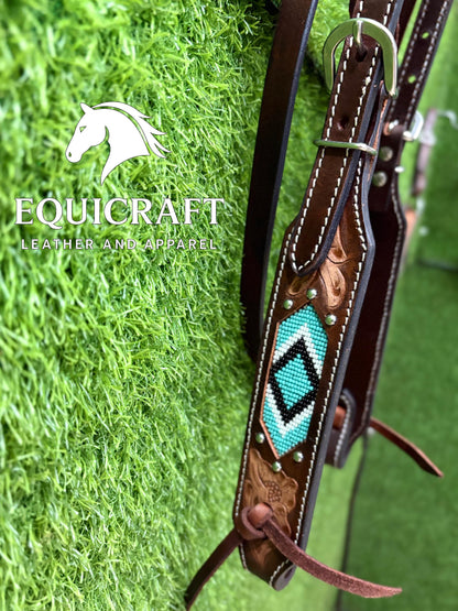 Turquoise Beaded Western Headstall & Breast Collar Set – Aztec Diamond Tooled Leather Horse Tack | Barrel Racing Rodeo