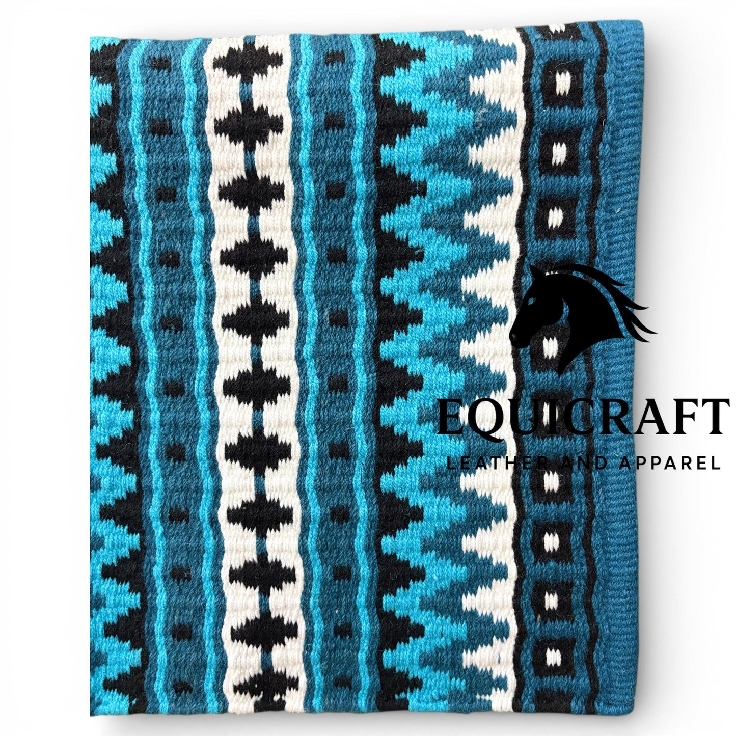 Western Show Saddle Pad | Steel Blue Turquoise Black White Wool Blanket | Hand-Woven Southwestern Horse Saddle Pad | Trail Pad 34X42