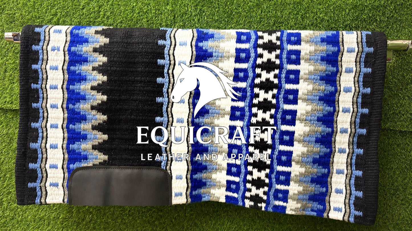 Aztec Western Show Saddle Pad | Black Blue White Wool Blanket | Hand-Woven Southwestern Horse Saddle Pad | Trail Pad Equestrian Gift