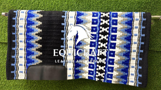 Aztec Western Show Saddle Pad | Black Blue White Wool Blanket | Hand-Woven Southwestern Horse Saddle Pad | Trail Pad Equestrian Gift