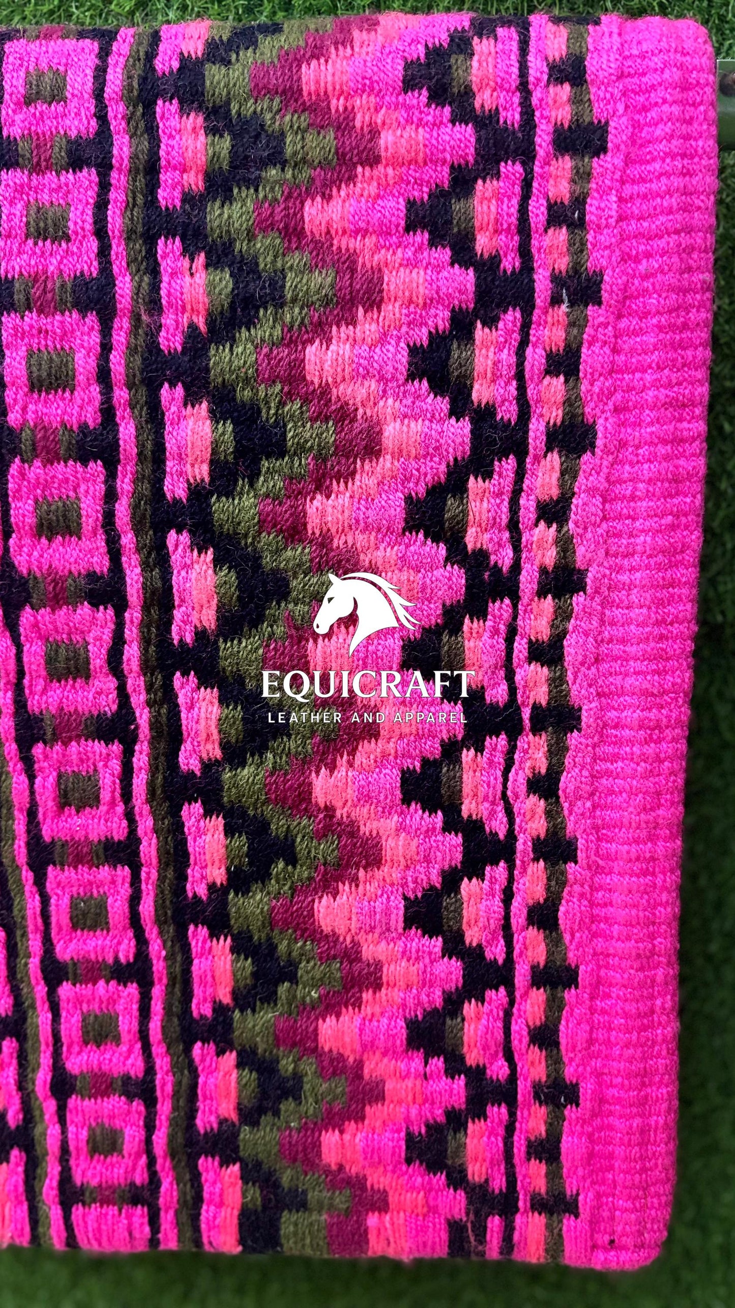 Hot Pink Olive Wool Western Saddle Blanket – Handmade Show Blanket | Horse Pad Barrel Racing Rodeo Tack SIZE 36X42