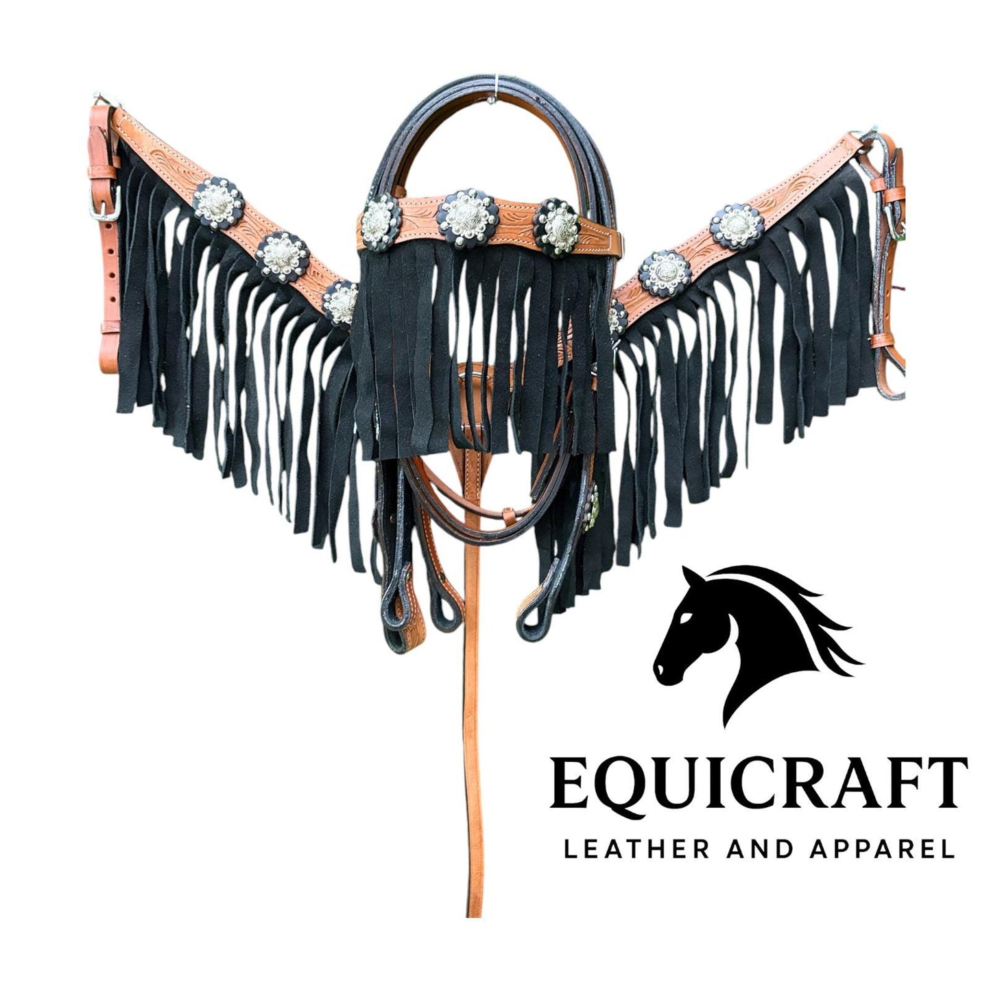 Tan Black Fringe Western Headstall & Breast Collar Set – Silver Concho Tooled Horse Tack | Barrel Racing Rodeo Gear